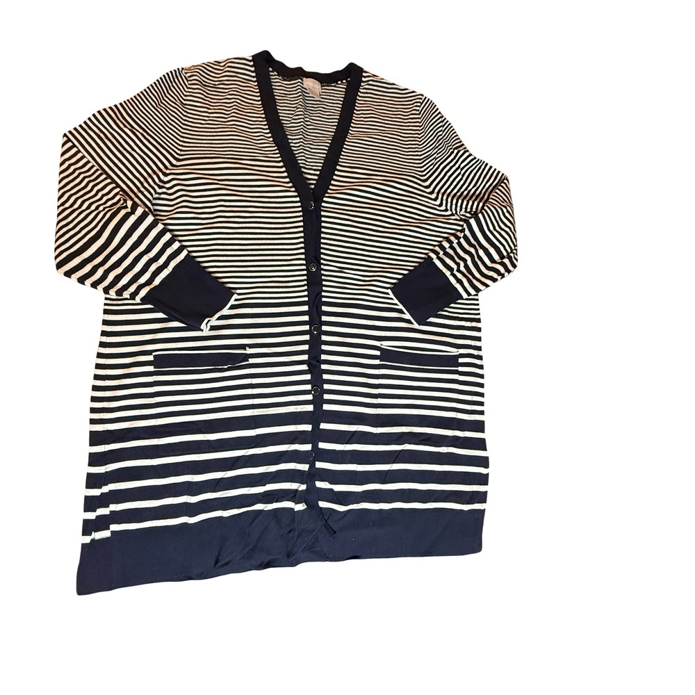 Chico's Navy White‎ Striped Longline Cardigan Sweater Size 4X Pockets Nautical